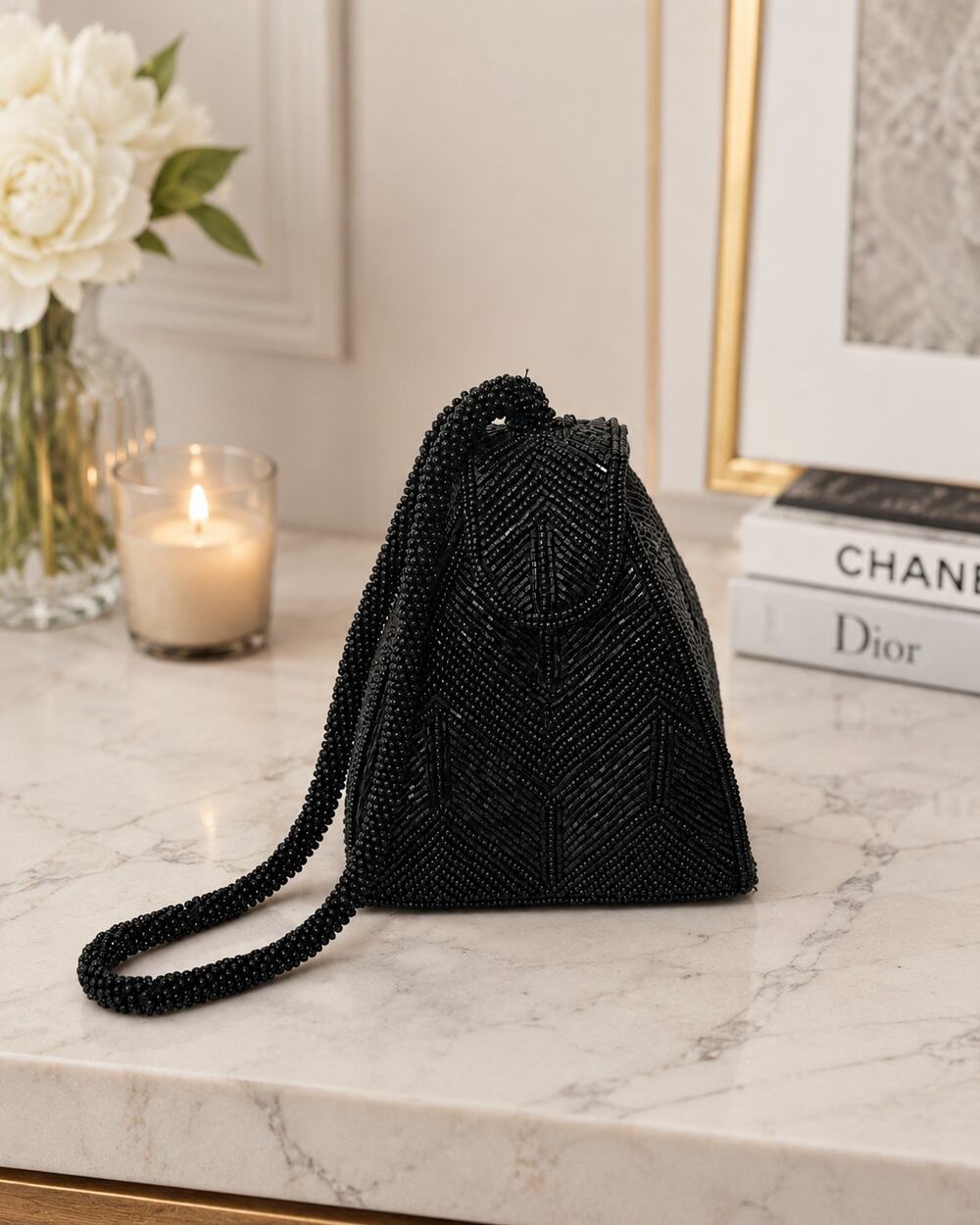 Vintage Black Beaded Pyramid Evening Bag Geometric Mini Shoulder Purse